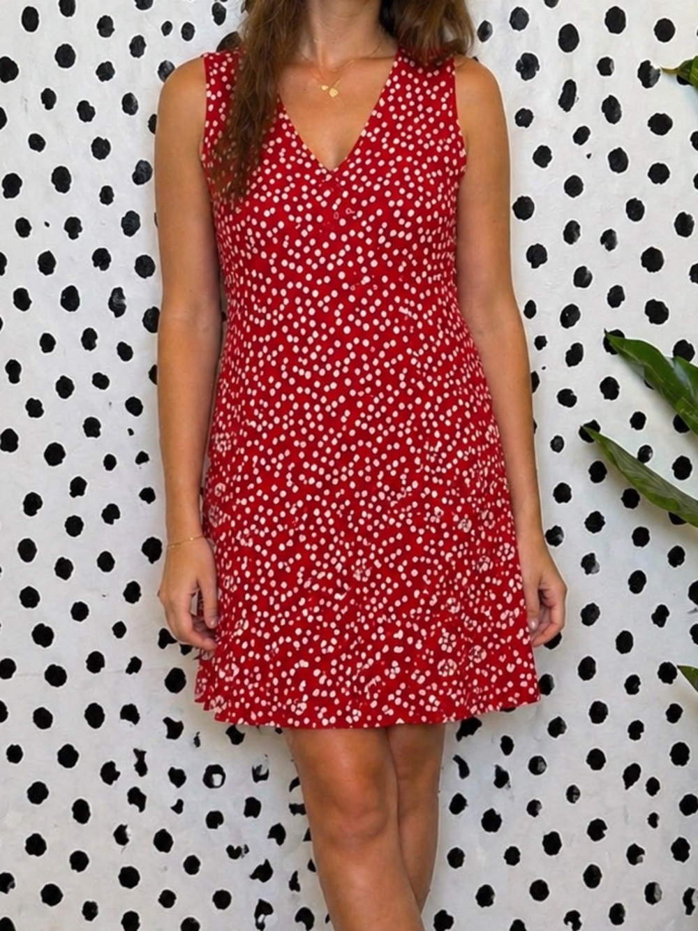 George V Neck Vintage 90s Y2K Red and White Polka Dot Midi Dress